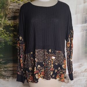 Maurices Womens 3X Black floral warm tones patchwork long sleeve blouse top